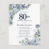 Dusty Blue Floral 80th Birthday  Uitnodiging Briefkaart (Voorkant)