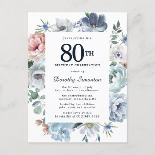 Dusty Blue Floral 80th Birthday Uitnodiging Briefkaart