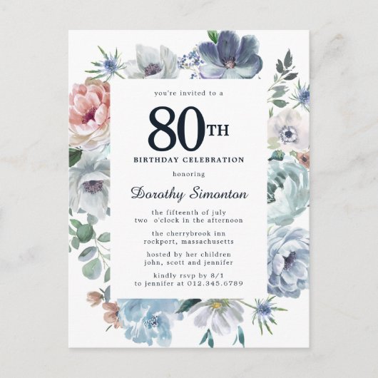 Dusty Blue Floral 80th Birthday Uitnodiging Briefkaart (Voorkant)