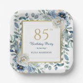 Dusty Blue Floral 85th Birthday Papieren Bordje (Voorkant)
