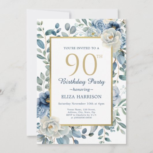 Dusty Blue Floral 90e verjaardag Kaart (Voorkant)