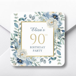 Dusty Blue Floral 90th Birthday Favoriet Vierkante Sticker