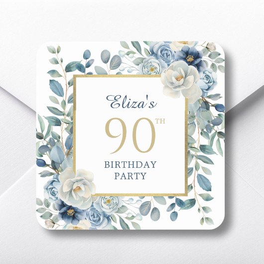 Dusty Blue Floral 90th Birthday Favoriet Vierkante Sticker