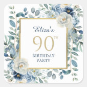 Dusty Blue Floral 90th Birthday Favoriet Vierkante Sticker (Voorkant)