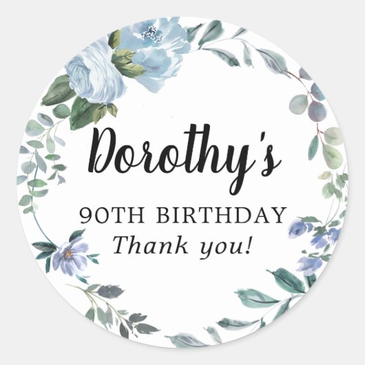 Dusty Blue Floral 90th Birthday Hartelijk dank Ronde Sticker (Voorkant)