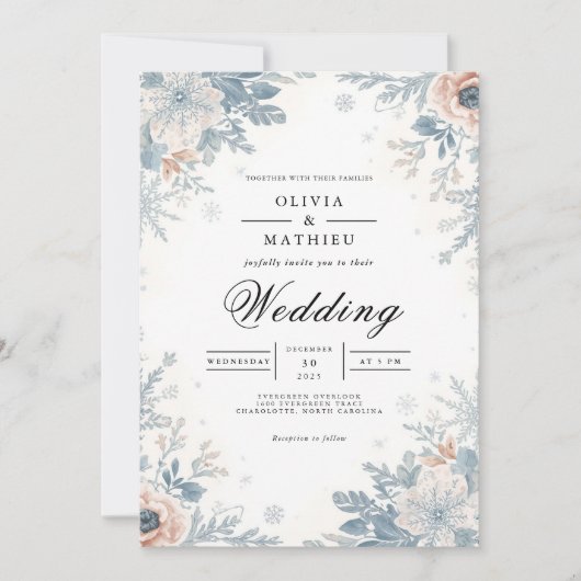 Dusty Blue Floral Accent Wedding Kaart (Voorkant)