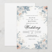 Dusty Blue Floral Accent Wedding Kaart (Voorkant / Achterkant)