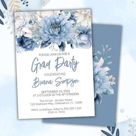 Dusty Blue Floral Afstuderen Afstudeerder Party Kaart