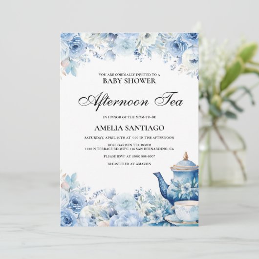 Dusty Blue Floral Afternoon Tea Baby shower Kaart (Staand voorkant)