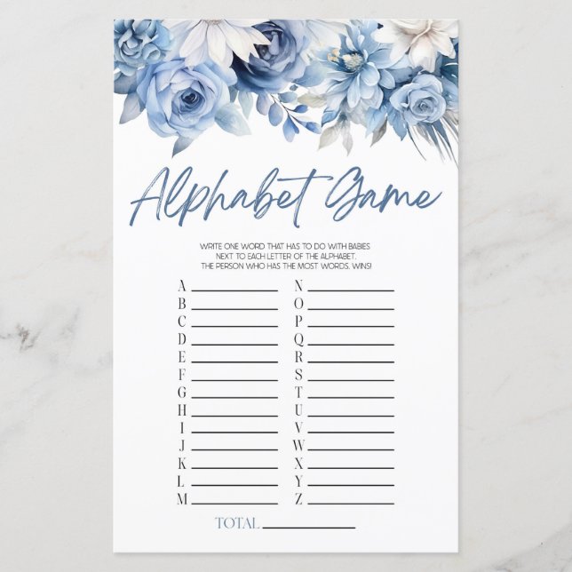 Dusty Blue Floral Alphabet Baby shower Game (Voorkant)