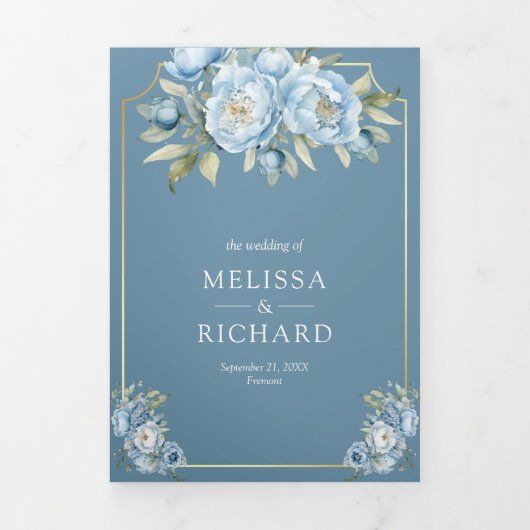 Dusty Blue Floral Ampersand All in One Wedding Drieluik Uitnodiging (Cover)