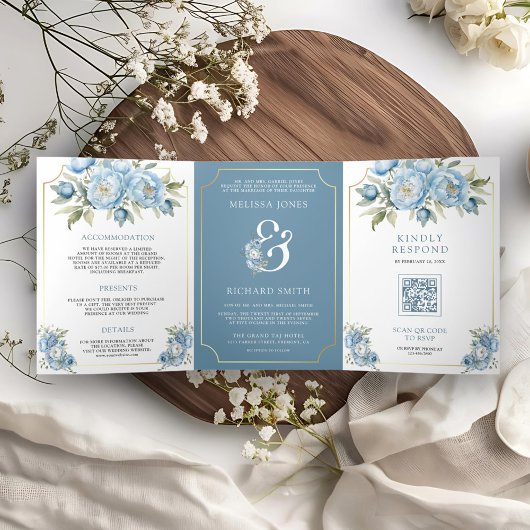 Dusty Blue Floral Ampersand All in One Wedding Drieluik Uitnodiging