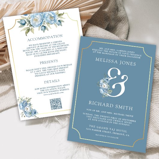 Dusty Blue Floral Ampersand All in One Wedding Kaart