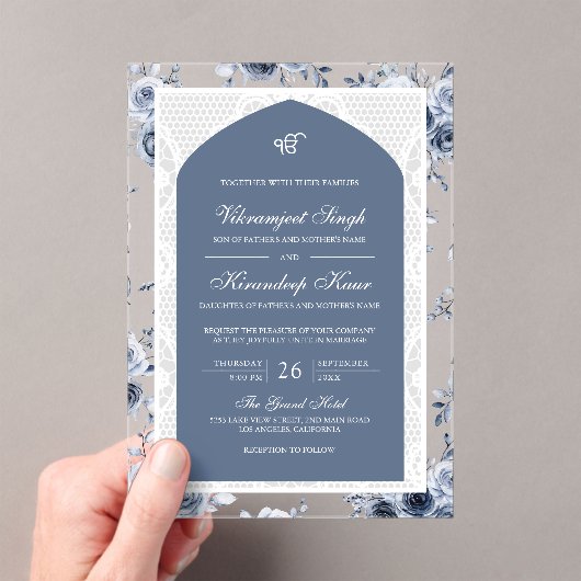 Dusty Blue Floral Anand Karaj Punjabi Sikh Bruilof Acryl Uitnodigingen (Insitu (Draagbaar))