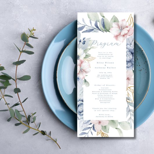 Dusty Blue Floral and Greenery Wedding Program