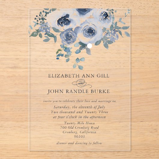Dusty Blue Floral and Grey Acrylic Invitation Acryl Uitnodigingen (Voorkant)