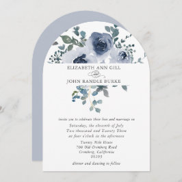 Dusty Blue Floral and Grey Arch Wedding Invitation Kaart