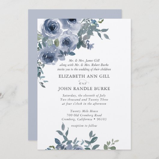 Dusty Blue Floral and Grey Formal Wedding Invite Kaart (Voorkant / Achterkant)