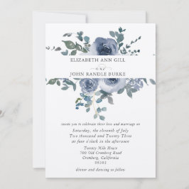 Dusty Blue Floral and Grey Wedding Invitation Kaart