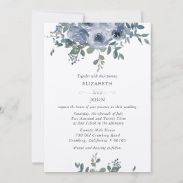 Dusty Blue Floral and Grey Wedding Invitation Kaart