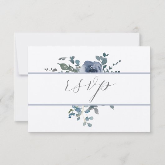 Dusty Blue Floral and Grey Wedding RSVP Kaart (Voorkant)