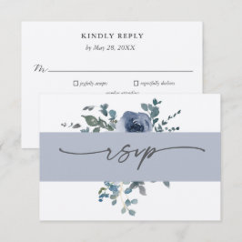 Dusty Blue Floral and Grey Wedding RSVP Kaart