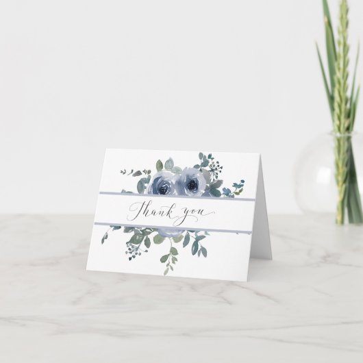 Dusty Blue Floral and Grey Wedding Thank You Card Bedankkaart (Voorkant)