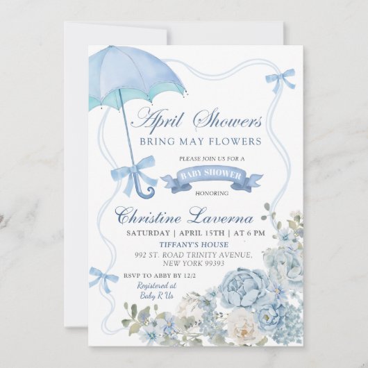 Dusty Blue Floral April Baby shower Kaart (Voorkant)