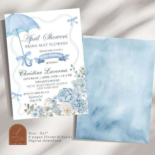 Dusty Blue Floral April Baby shower Kaart