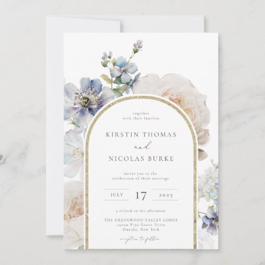 Dusty Blue Floral Arch Lijst Wedding Kaart (Voorkant)
