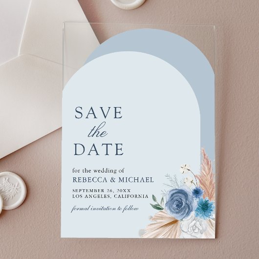 Dusty Blue Floral Arch Wedding Save the Date Acryl Uitnodigingen