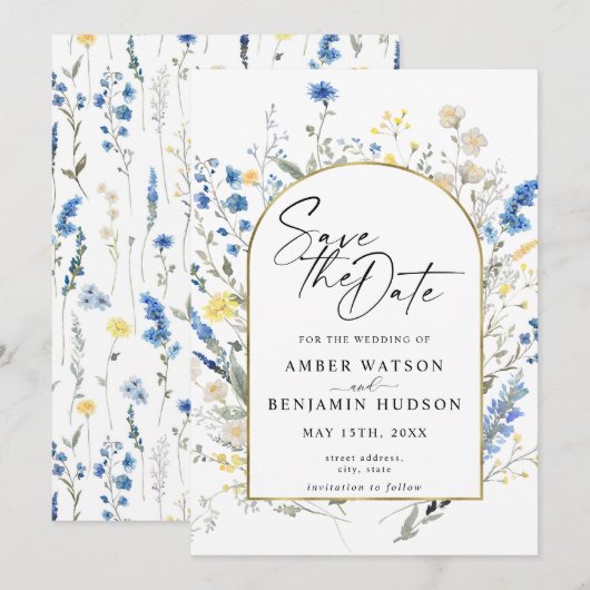 Dusty Blue Floral Arch Wedding Save the Date Kaart (Voorkant / Achterkant)