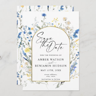 Dusty Blue Floral Arch Wedding Save the Date Kaart