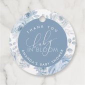 Dusty Blue Floral Baby in Bloom Baby shower Bedankjes Labels (Achterkant)