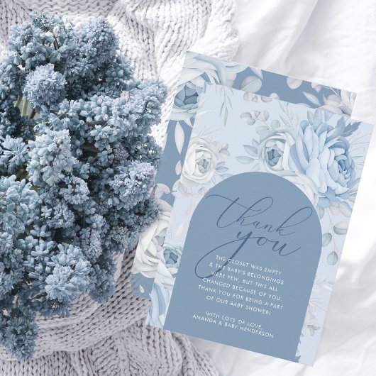Dusty Blue Floral Baby in Bloom Baby shower Bedankkaart