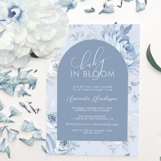 Dusty Blue Floral Baby in Bloom Baby shower Kaart