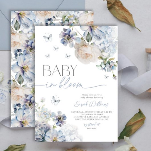 Dusty Blue Floral Baby in Bloom Baby shower Kaart