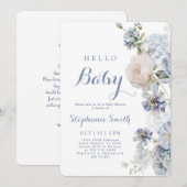 Dusty Blue Floral Baby shower Boy Invitation Kaart (Voorkant / Achterkant)
