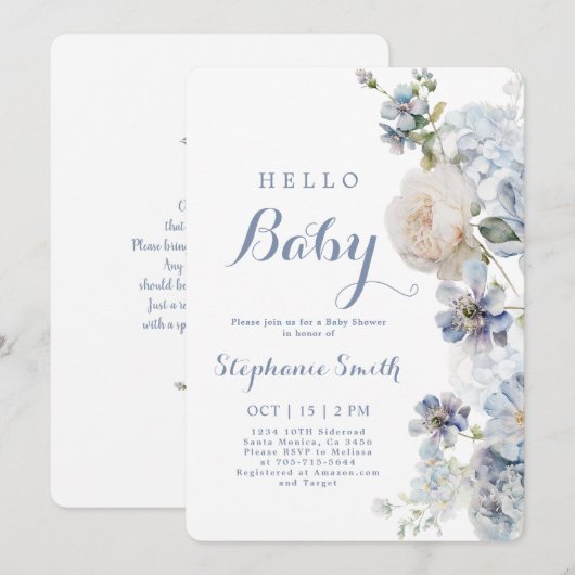 Dusty Blue Floral Baby shower Boy Invitation Kaart (Voorkant / Achterkant)