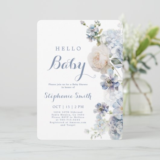 Dusty Blue Floral Baby shower Boy Invitation Kaart (Staand voorkant)