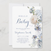 Dusty Blue Floral Baby shower Boy Invitation Kaart (Voorkant)