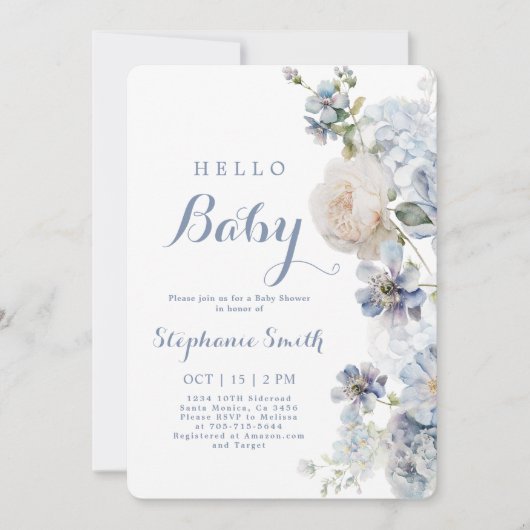 Dusty Blue Floral Baby shower Boy Invitation Kaart (Voorkant)