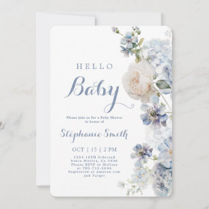 Dusty Blue Floral Baby shower Boy Invitation Kaart