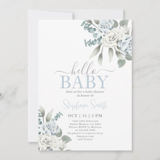 Dusty Blue Floral Baby shower Boy Invitation Kaart (Voorkant)