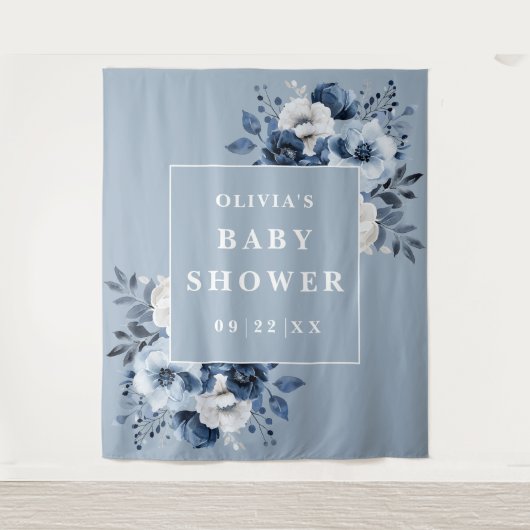 Dusty Blue Floral Baby shower Foto Achtergrond Wandkleed (Voorkant)