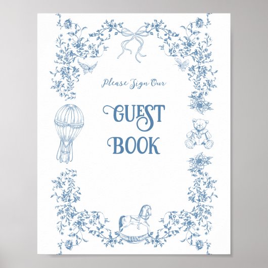 Dusty Blue  Floral Baby shower Gastenboek Poster (Voorkant)