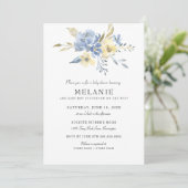 Dusty Blue Floral Baby shower Invitation Kaart (Staand voorkant)