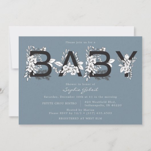 Dusty Blue Floral Baby shower Invitation Kaart (Voorkant)