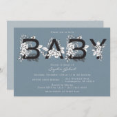 Dusty Blue Floral Baby shower Invitation Kaart (Voorkant / Achterkant)