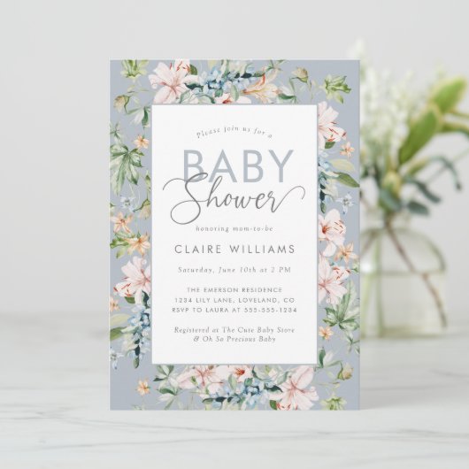 Dusty Blue Floral Baby shower Invitation Kaart (Staand voorkant)